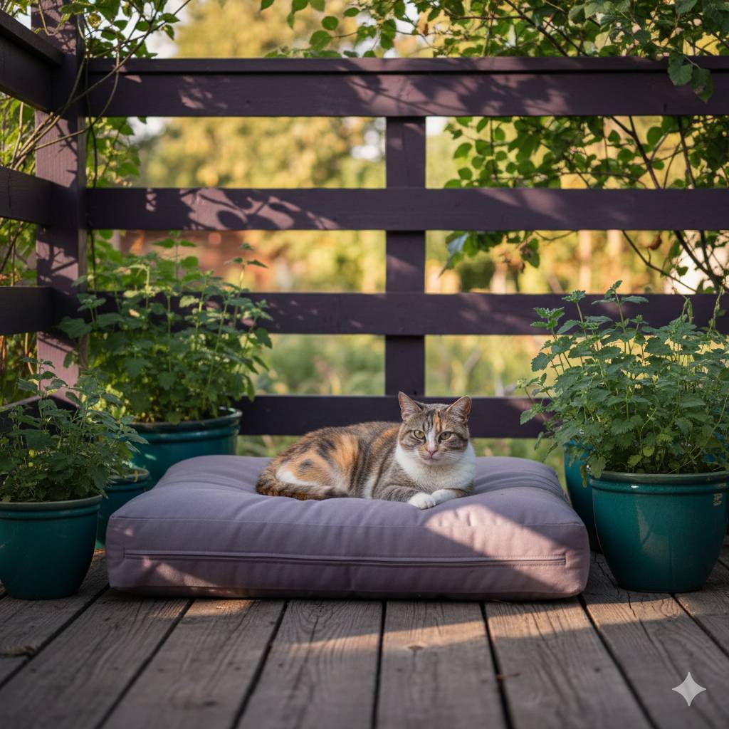 De kat ligt buiten op een kussen