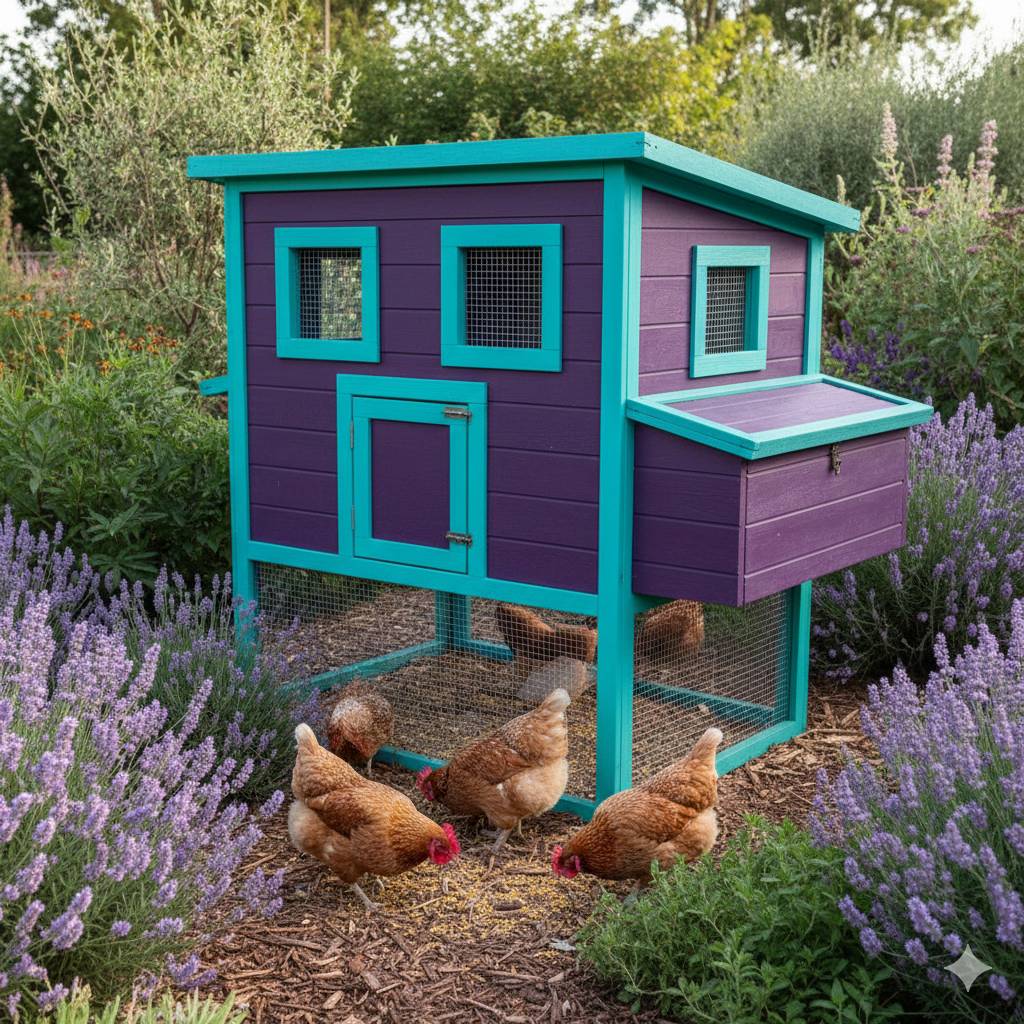 De kip zoekt tussen de planten naar voedsel