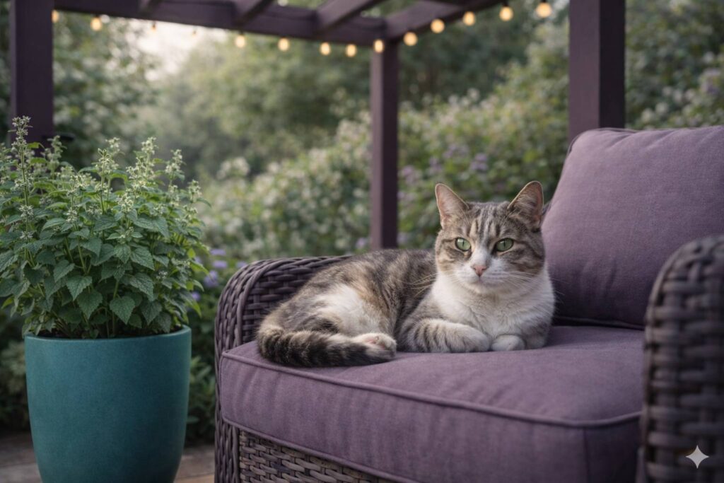 Kat languit liggend op een druivenkleurig kussen